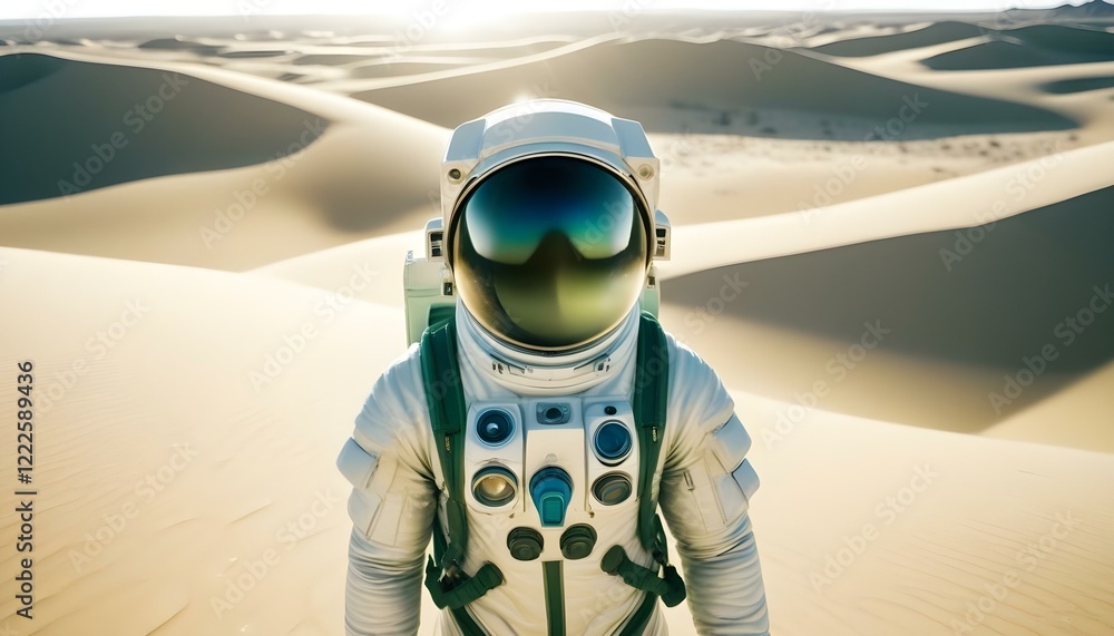 Fototapeta premium Astronaut posing from the front on a desert planet on white background 