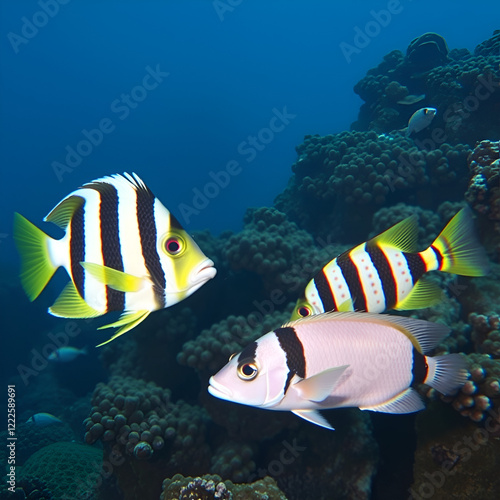 diagonal-banded sweetlips with vermiculate rabbitfish and onespot snapper photo