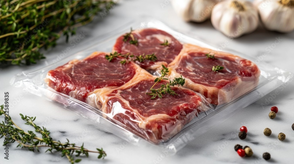 Raw marbled pork chops with herbs. Raw marbled pork chops with herbs.