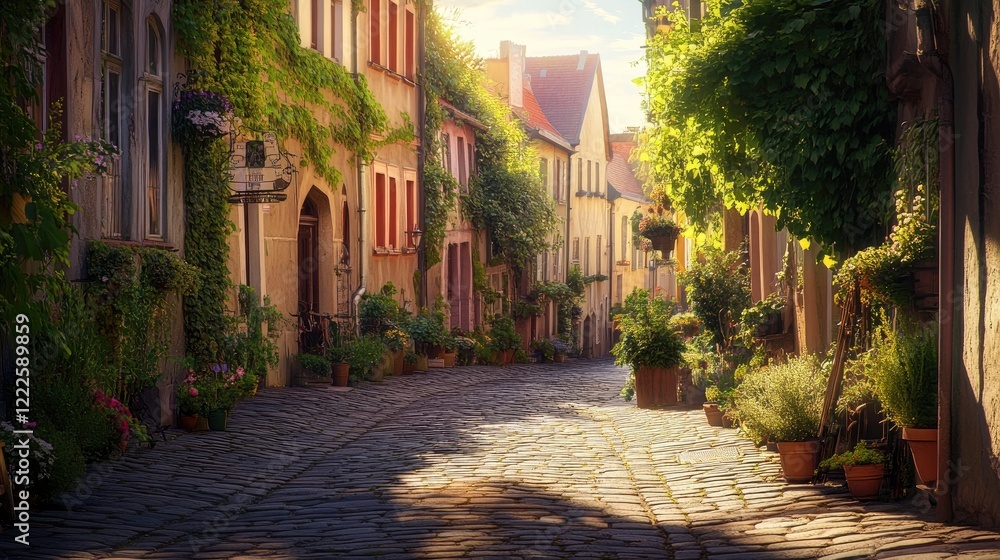 Fototapeta premium Serene cobblestone street in an old town, bathed in warm sunlight, with charming historic architecture and lush greenery creating a nostalgic atmosphere.