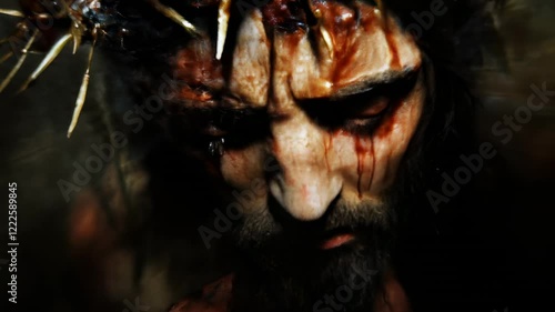A powerful and emotional image of Jesus Christ wearing a crown of thorns, his face covered in blood, symbolizing the pain and sacrifice for humanity’s salvation.