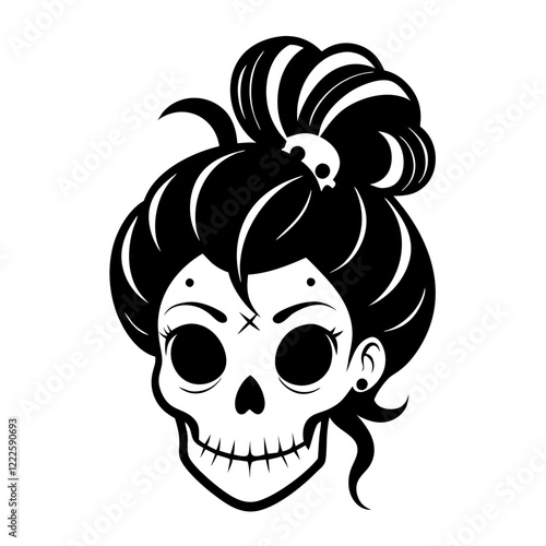 Messy Bun Girl Skull Svg & PNG Files, Mom Bun Hair face Clipart Silhouette Vector Image, Skeleton SVG T shirt Design, Digital Download