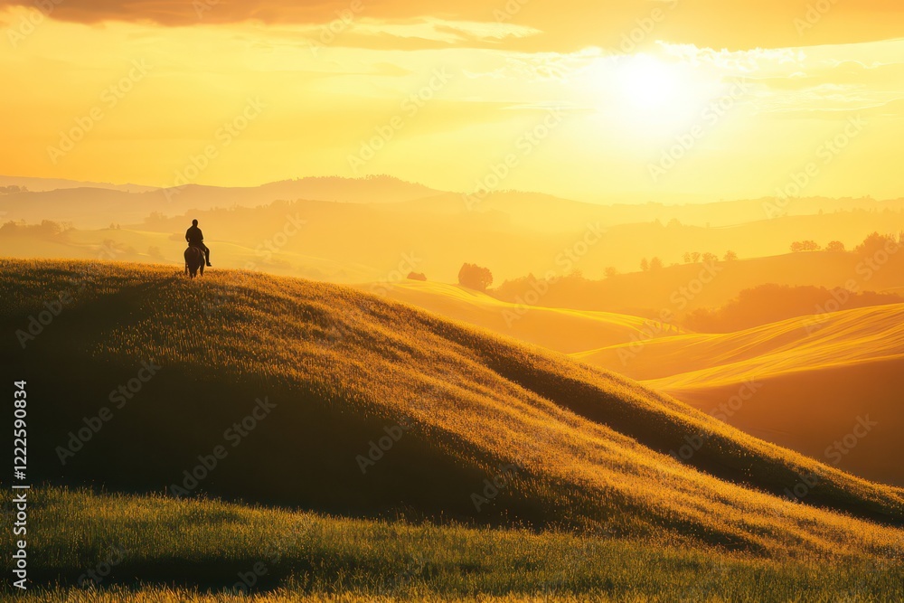 Fototapeta premium A lone rider perched on a grassy hill at sunrise, enjoying the beauty of nature as golden rays flood the scene with warmth and light.