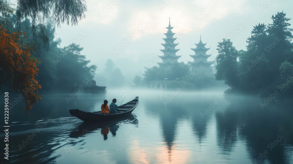 Two people in a boat on misty river. Two people in a boat on misty river.