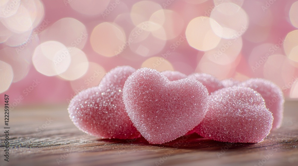 Obraz premium A delightful arrangement of pink sugar-coated hearts lies on a warm wooden table, surrounded by a dreamy bokeh of soft pink tones, evoking a sense of romance and joy