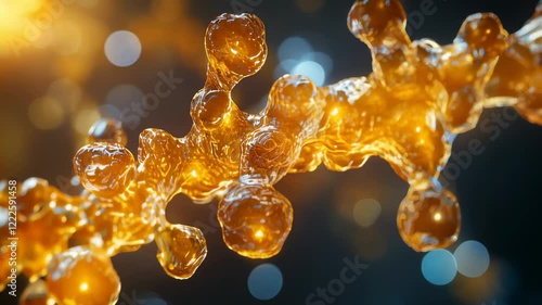 Glowing saturated fat molecules in microscopic view. Abstract scientific visualization of lipid structures, metabolism, and molecular biology.