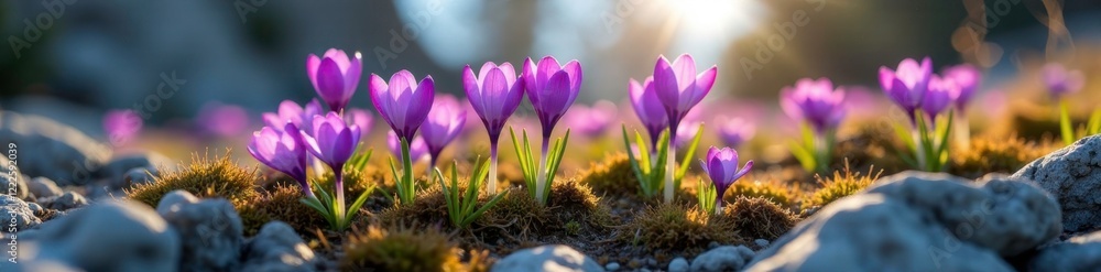 Purple crocus flowers blooming in a rocky terrain landscape, natural light, flowers Purple crocus flowers blooming in a rocky terrain landscape, natural light, flowers