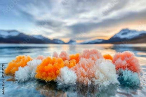 A diver underwater, amazed by a colorful coral reef teeming with exotic marine life, with bubbles rising around them photo