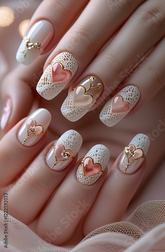Exquisite 3D Valentine's Day Press-On Nails with Intricate French Lace and Pink Vintage Hearts