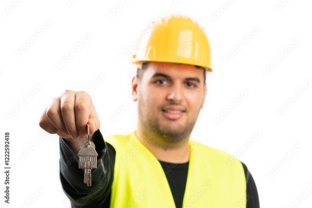 Selective focus close-up of builder man holding house keys Selective focus close-up of builder man holding house keys