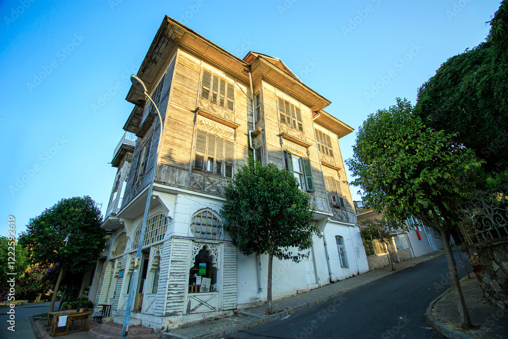 historical manor building and street in the island in istanbul historical manor building and street in the island in istanbul