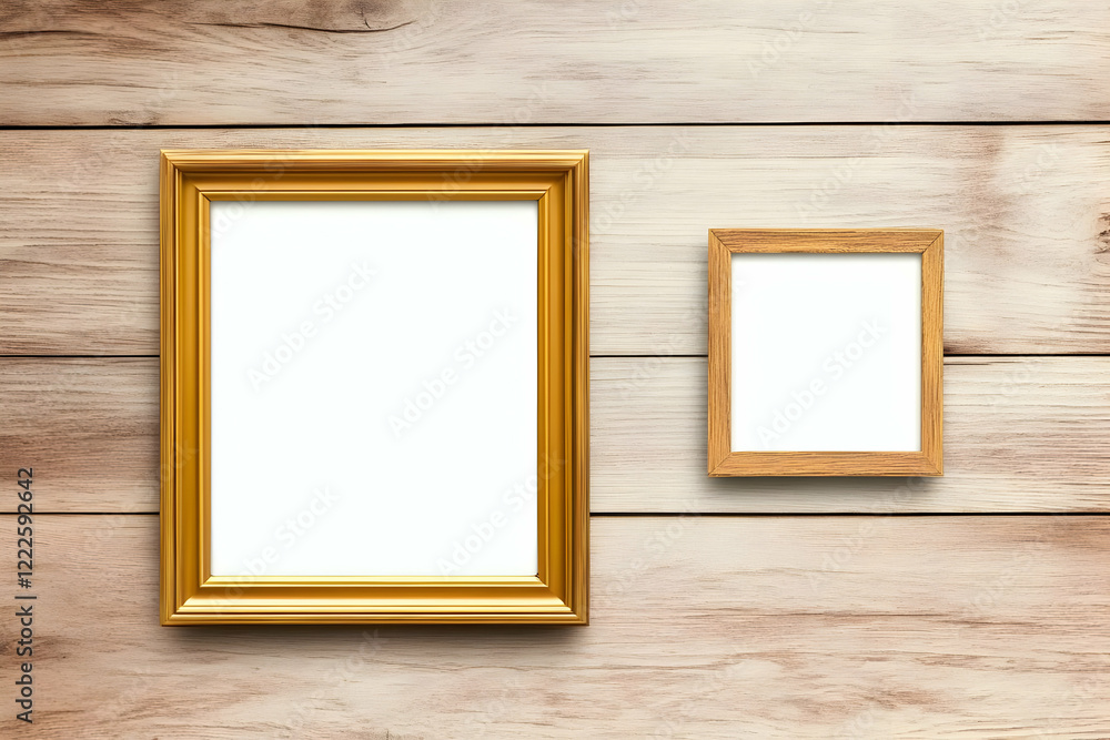 Two Empty Picture Frames Hang on a Wooden Wall, Ready for Your Images, Creating a Decorative Display