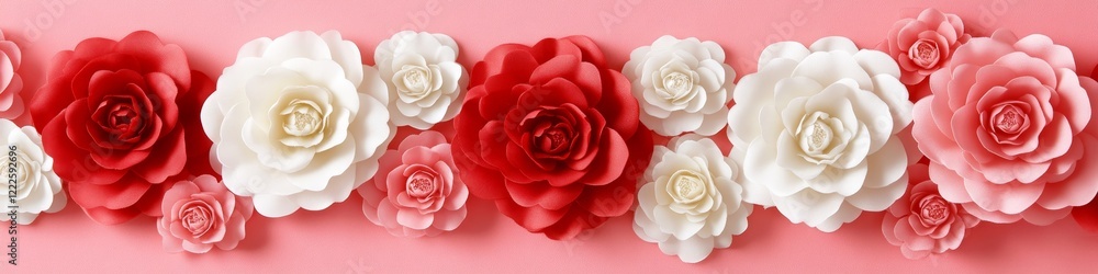 Fototapeta premium Romantic Floral Arrangement Red and White Paper Flowers on a Pink Background for Celebrations