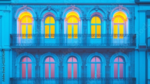 Vibrant Portuguese-Style Building Facade with Turkish Mosaic Windows Illuminated in Cinematic Night Glow - Ultra-Detailed Architecture Photography