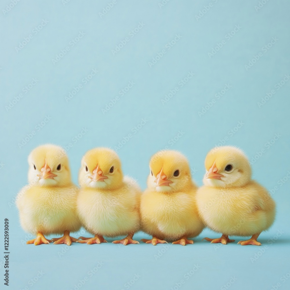 Fototapeta premium Four cute chicks on blue background, spring