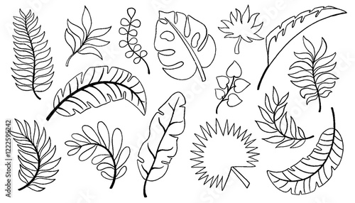 Palm leaves hand drawn crayon brush illustration. Chalk textured tropical jungle doodle shapes. Foliage tropical jungle leaves monstera, texture silhouette elements. Hand drawn grunge texture. Vector