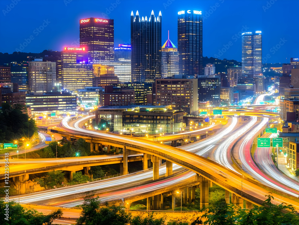 Cityscape at Night: Illuminating Skyscrapers and Highways with Light Trails Elegantly Cityscape at Night: Illuminating Skyscrapers and Highways with Light Trails Elegantly