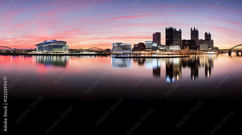 Panoramic Cityscape Reflects in Calm Water at Sunset with Bridges and Modern Buildings. Panoramic Cityscape Reflects in Calm Water at Sunset with Bridges and Modern Buildings.