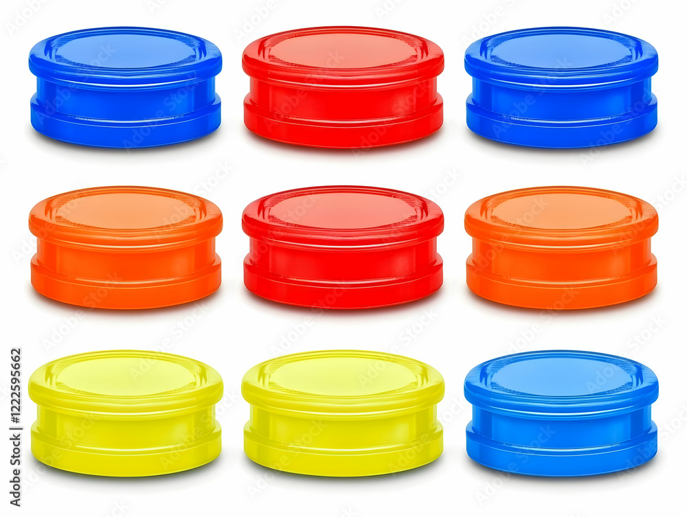 Nine Colorful Plastic Containers Arranged in a Grid on a White Background with Shadows Nine Colorful Plastic Containers Arranged in a Grid on a White Background with Shadows