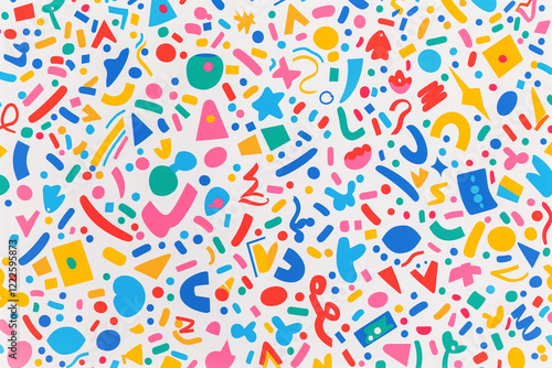 A vibrant pattern composed of confetti and cute shapes.