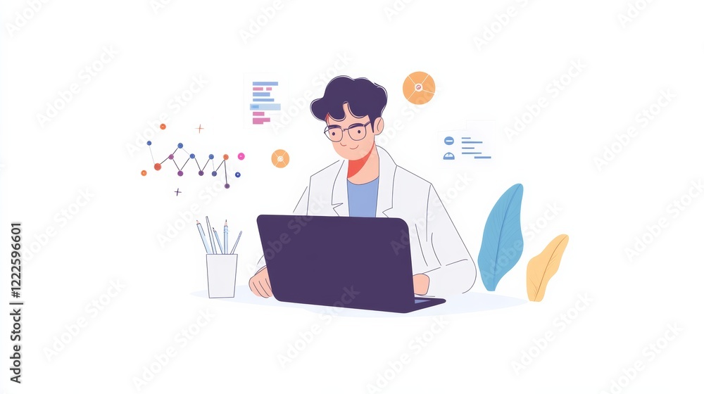 A data scientist inputting formulas into a laptop, analyzing futuristic data sets, isolated on a bright white background, A data scientist inputting formulas into a laptop, analyzing futuristic data sets, isolated on a bright white background,