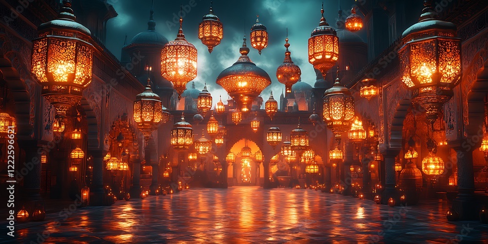 Illuminated Lanterns Adorn a Fantasy Street Leading to an Ornate Palace at Night

