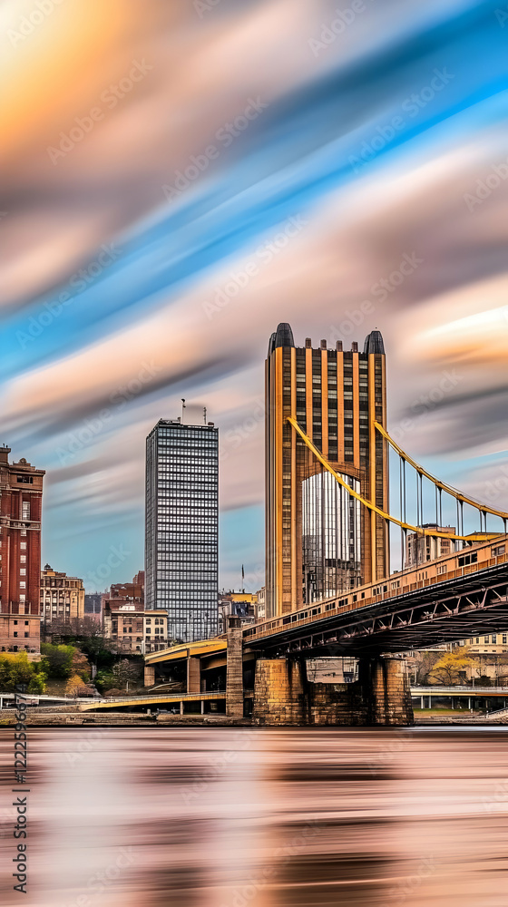 Fototapeta premium Cityscape with Suspension Bridge and Skyscrapers under a Streaked Sky Beautifully