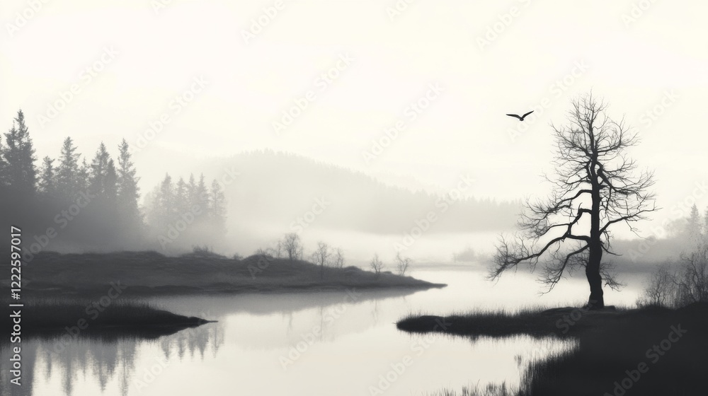 Fototapeta premium Misty lake landscape with solitary tree and bird in flight.