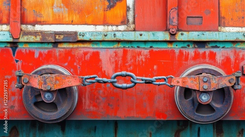 Close-up view of rusty train wheels connected by a chain against a colorful weathered backdrop