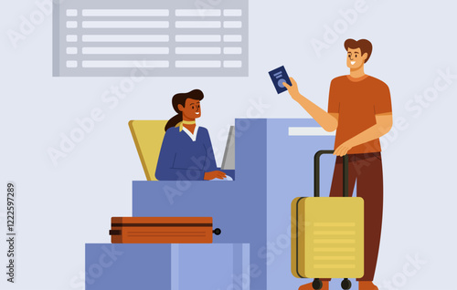 Airport check-in. Cartoon scene man character with a suitcase checking-in on a flight. Passenger with baggage. Flat vector illustration.