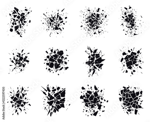 Abstract shattered element set. Geometric explosion destruction broken particles. Shatter dust burst triangle effect fractured fragment. Black and white simple flat style. Isolated vector on white