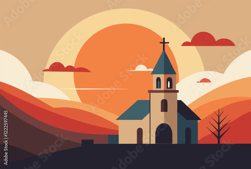 Easter celebration church at sunset in abstract minimalist style