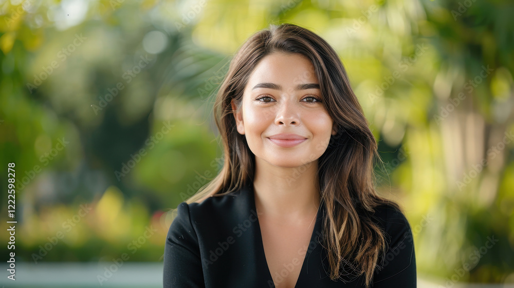 confident woman with warm smile stands outdoors, surrounded by lush greenery and soft natural light, creating serene and calming atmosphere confident woman with warm smile stands outdoors, surrounded by lush greenery and soft natural light, creating serene and calming atmosphere