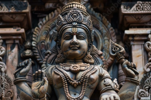 Wallpaper Mural Intricate stone carving of a hindu deity, adorned with ornate jewelry and headdress, embodying spiritual reverence within a temple's sacred space Torontodigital.ca