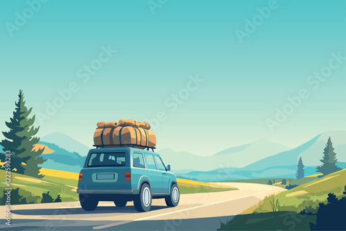 Automobile with bags on roof driving along highwway. Horizontal background. Car with luggage road trip. Nature travelling. Summer vacation holidays. Cartoon style vector illustration