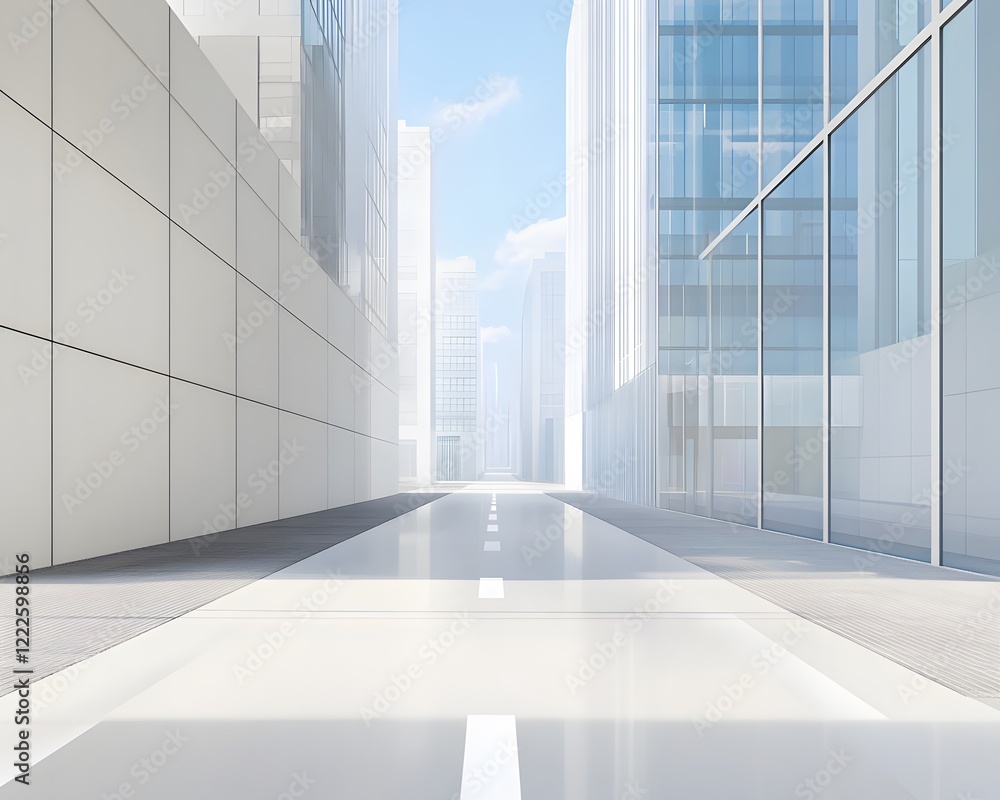 Fototapeta premium Modern City Street Architecture, Empty Road Between Tall Buildings