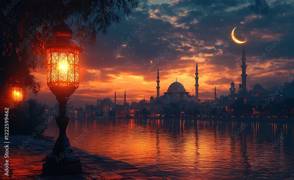 Twilight Scene with a Lit Street Lamp and a Crescent Moon Over a Mosque Silhouette by the Water
Twilight Scene with a Lit Street Lamp and a Crescent Moon Over a Mosque Silhouette by the Water