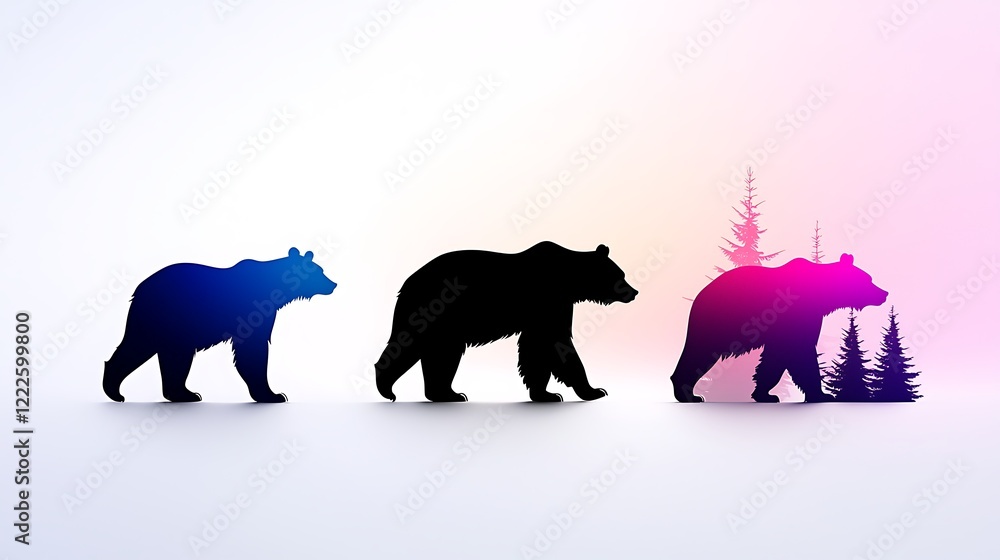 Fototapeta premium Three Bear Silhouettes with Gradient Color Effects and Forest Detail
