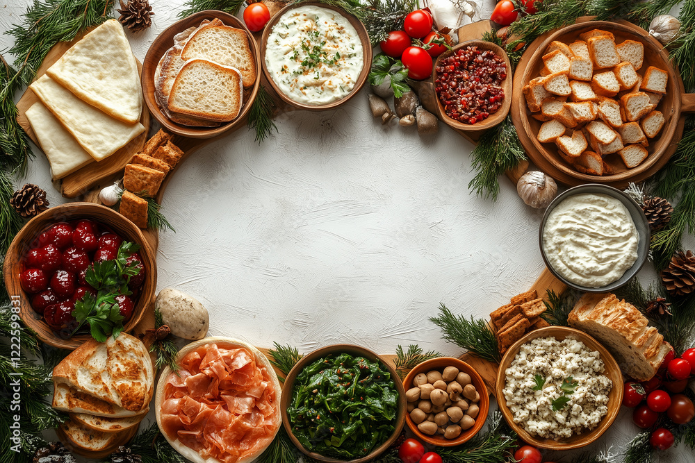 Frame of traditional maslenitsa or shrove tuesday food, fir branches and decorations surrounding a white background with copy space Frame of traditional maslenitsa or shrove tuesday food, fir branches and decorations surrounding a white background with copy space
