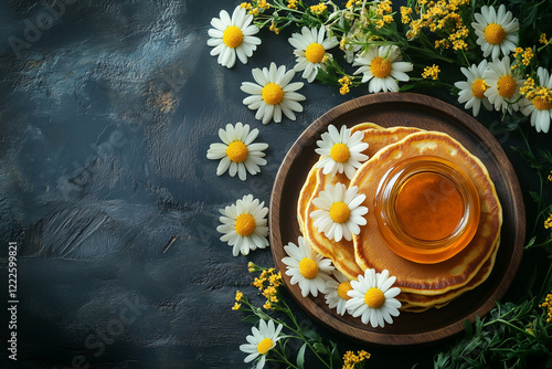 Delicious homemade pancakes with honey and daisies on a dark background, celebrating maslenitsa, shrove tuesday, or pancake day copy space photo