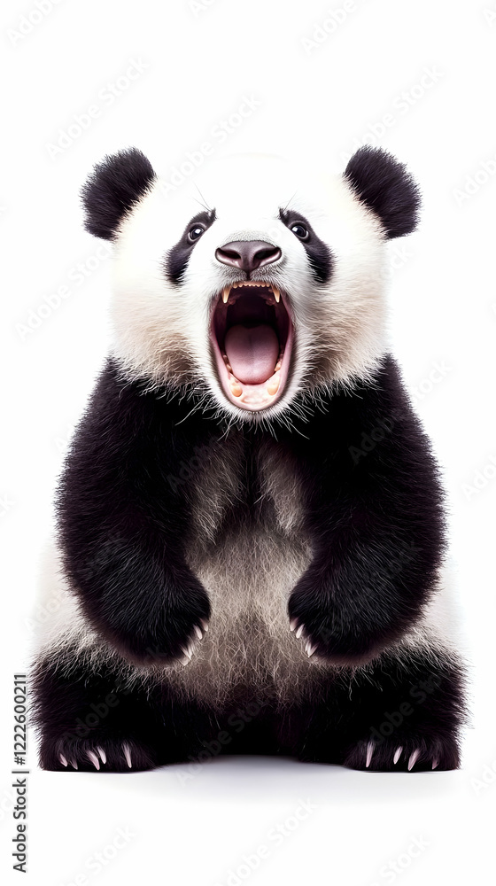 Fototapeta premium Playful Panda Cub Roars with Delight on a Clean White Background