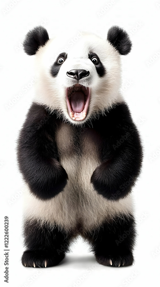 Fototapeta premium Adorable Baby Panda Stands and Roars with Excitement on a White Background