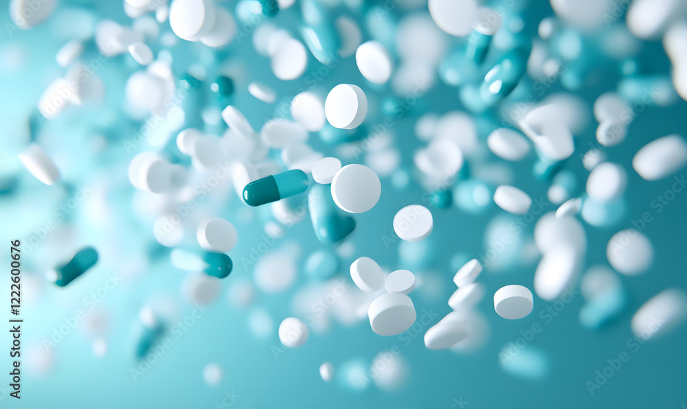 Floating White and Blue Pills on a Soft Blue Background Floating White and Blue Pills on a Soft Blue Background