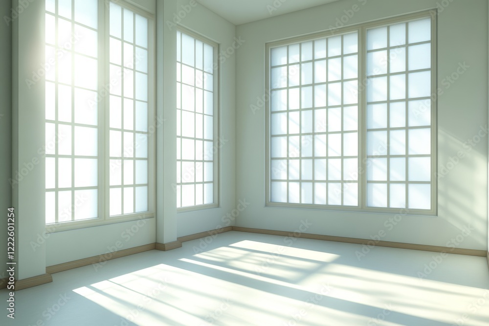 3D Rendering of an Empty Room with Large Windows and Light White Walls for Interior Design and Real Estate 3D Rendering of an Empty Room with Large Windows and Light White Walls for Interior Design and Real Estate