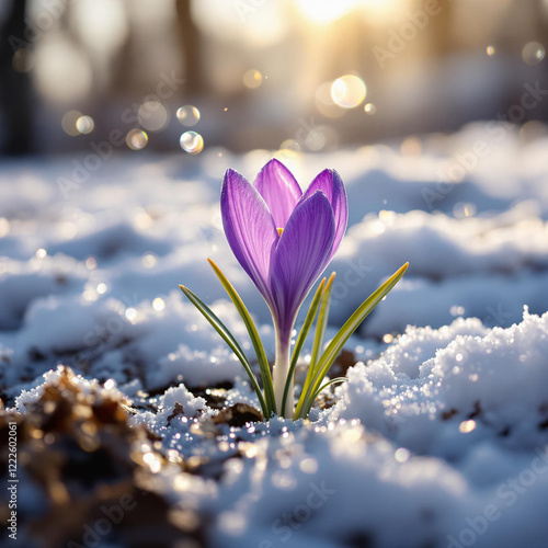 Single purple with snow background and warm sunlight 