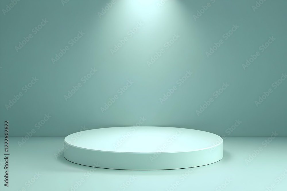 3D Rendered Minimalist Scene with a Cylindrical Podium Illuminated by a Spotlight in a Soft Green Setting 3D Rendered Minimalist Scene with a Cylindrical Podium Illuminated by a Spotlight in a Soft Green Setting