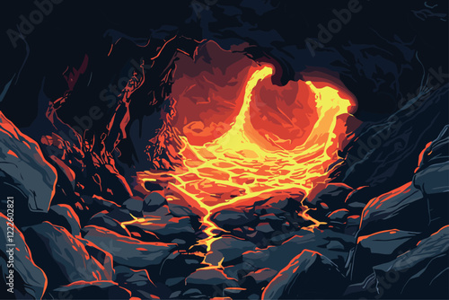 Hell rock cave horizontal view landscape with bright hot fiered lava. Volcano eruption rock scenery burn heat flames. Evil fire night scene dragon cave. Cartoon style vector illustration