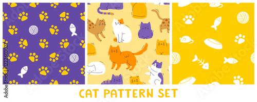 Set of cute pattern for cat goods. Seamless vector prints collection with cats and grooming accessories.