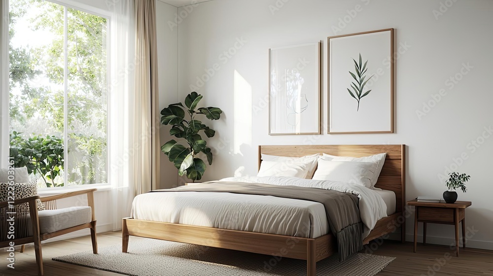 Fototapeta premium Waste reduction minimalist idea. Modern bedroom with natural light, plants, and minimalistic decor for a serene atmosphere.
