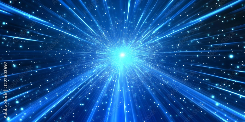 Abstract Blue Light Rays Burst Background with Sparkling Particles Dynamically Radiating Outward Abstract Blue Light Rays Burst Background with Sparkling Particles Dynamically Radiating Outward